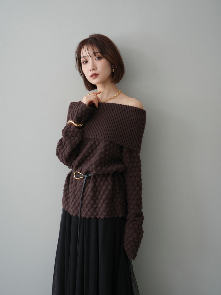 [予約]ポコポコ編みオフショルニットプルオーバー/brown