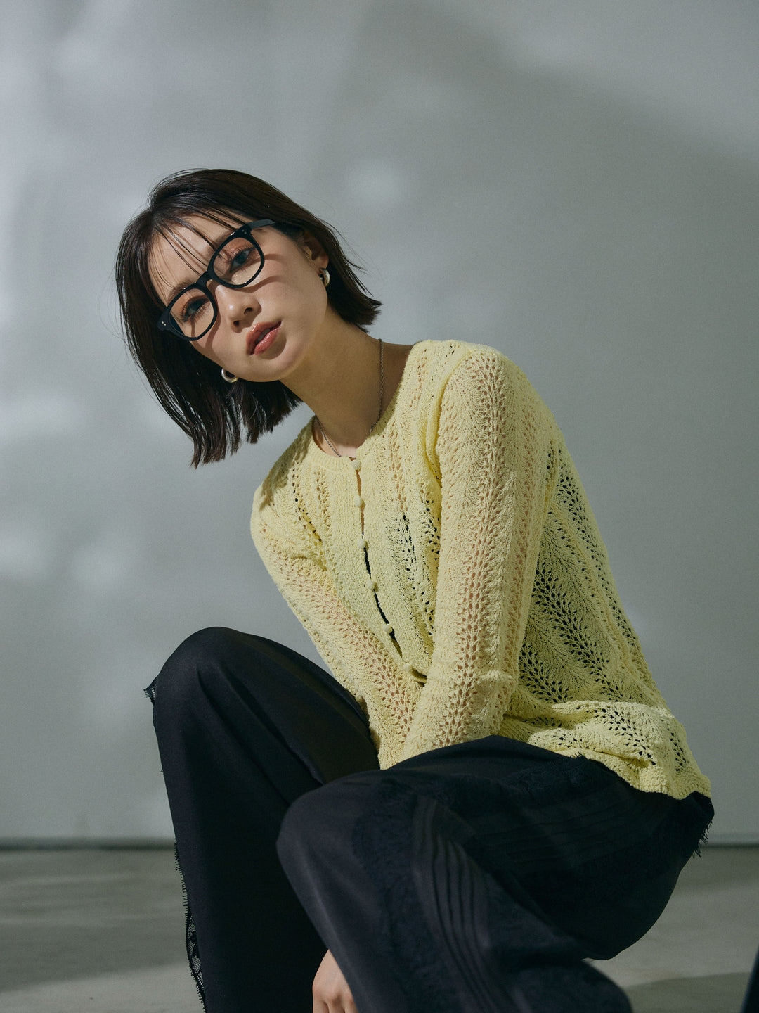 【Allure】[SET]透かし編みニットカーディガントップス+サイドピンタックレースイージーワイドパンツ(2set)