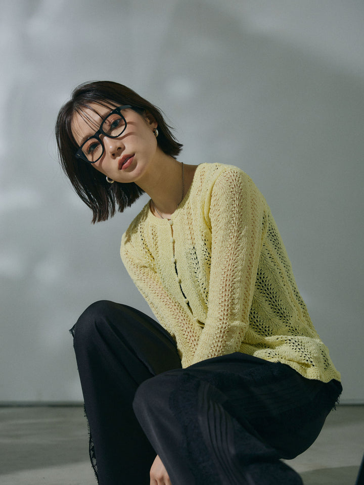 【Allure】[SET]透かし編みニットカーディガントップス+サイドピンタックレースイージーワイドパンツ(2set)