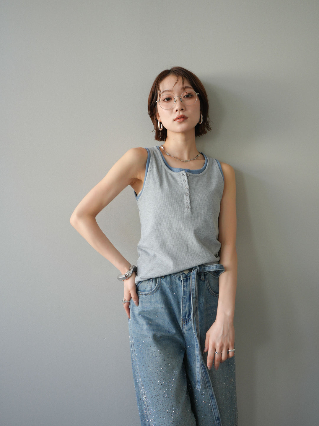 [SET]配色リブヘンリータンクトップ+ウエストベルトビジューワイドデニムパンツ(2set)