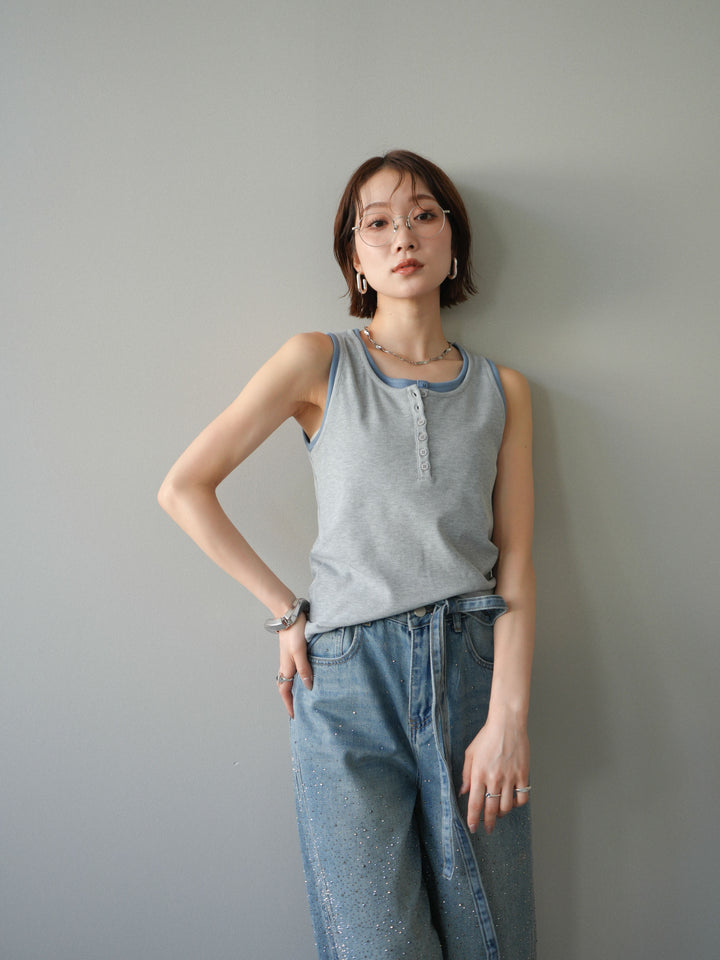 [SET]配色リブヘンリータンクトップ+ウエストベルトビジューワイドデニムパンツ(2set)