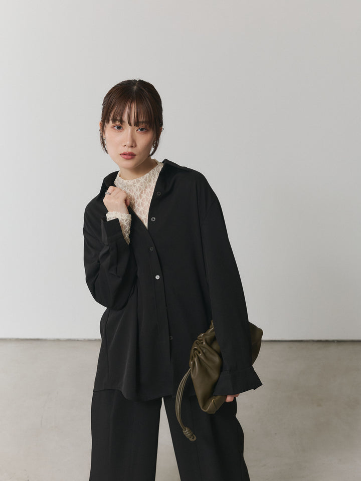 【Allure】[SET]ボタンダウンオーバーシャツ+デザインタックセンターシームアイドパンツ+フラワーレーストップス(3set)