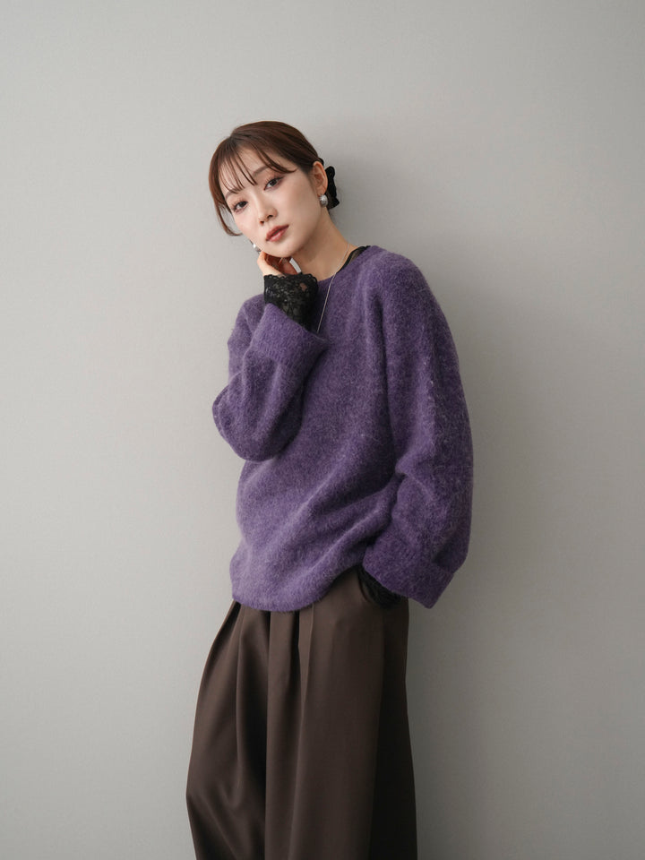 [SET]アンゴラタッチクルーネックニットプルオーバー+チュールレーストップス+テープベルトタックバギーパンツ(3set)