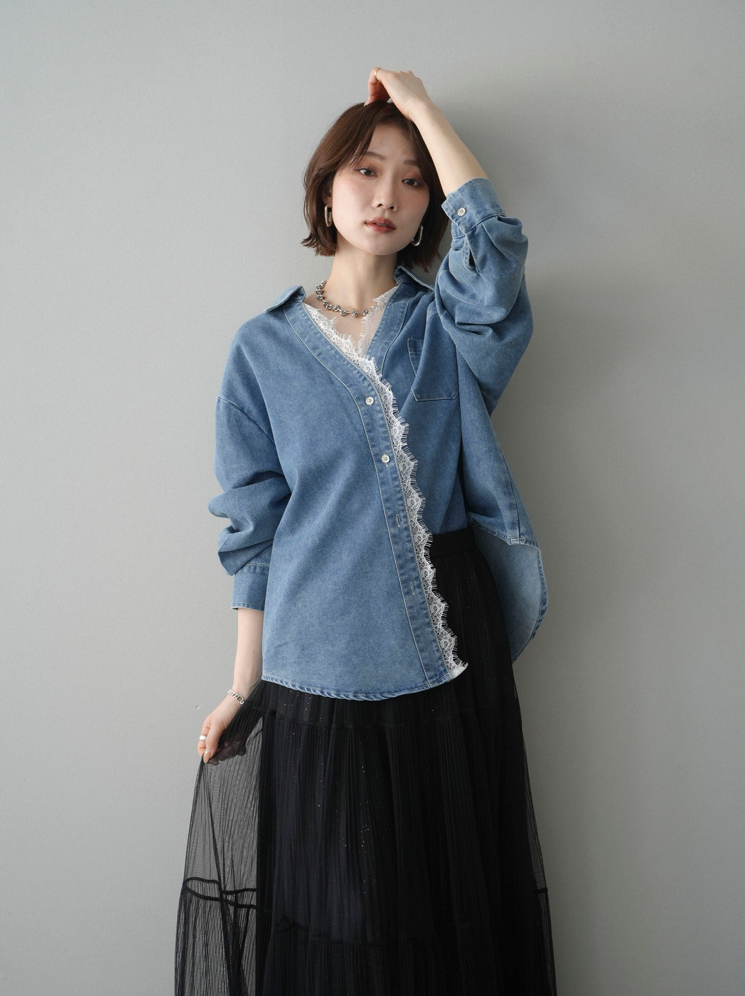 [SET]レースレイヤードデニム開襟シャツ+ラメプリーツレイヤードチュールロングスカート(2set)