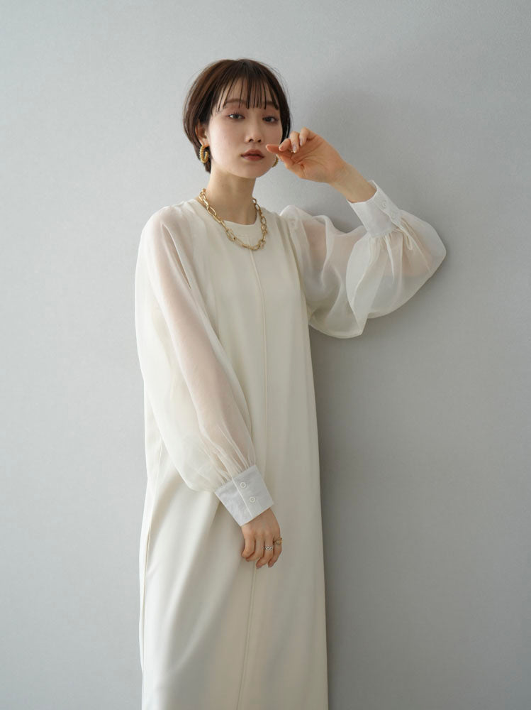 [Pre-order] Cut Georgette Tulle Sleeve Dress/Ivory