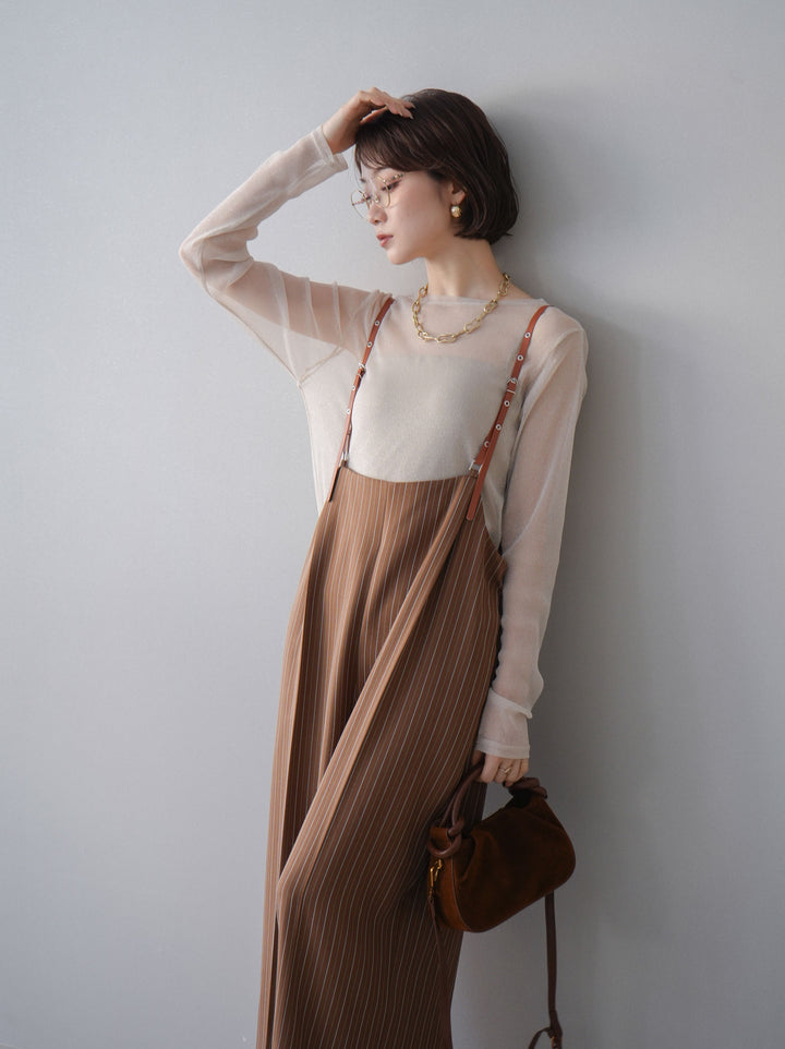 [予約]ヘリンボーンストライプサス付サロペット/goldbrown