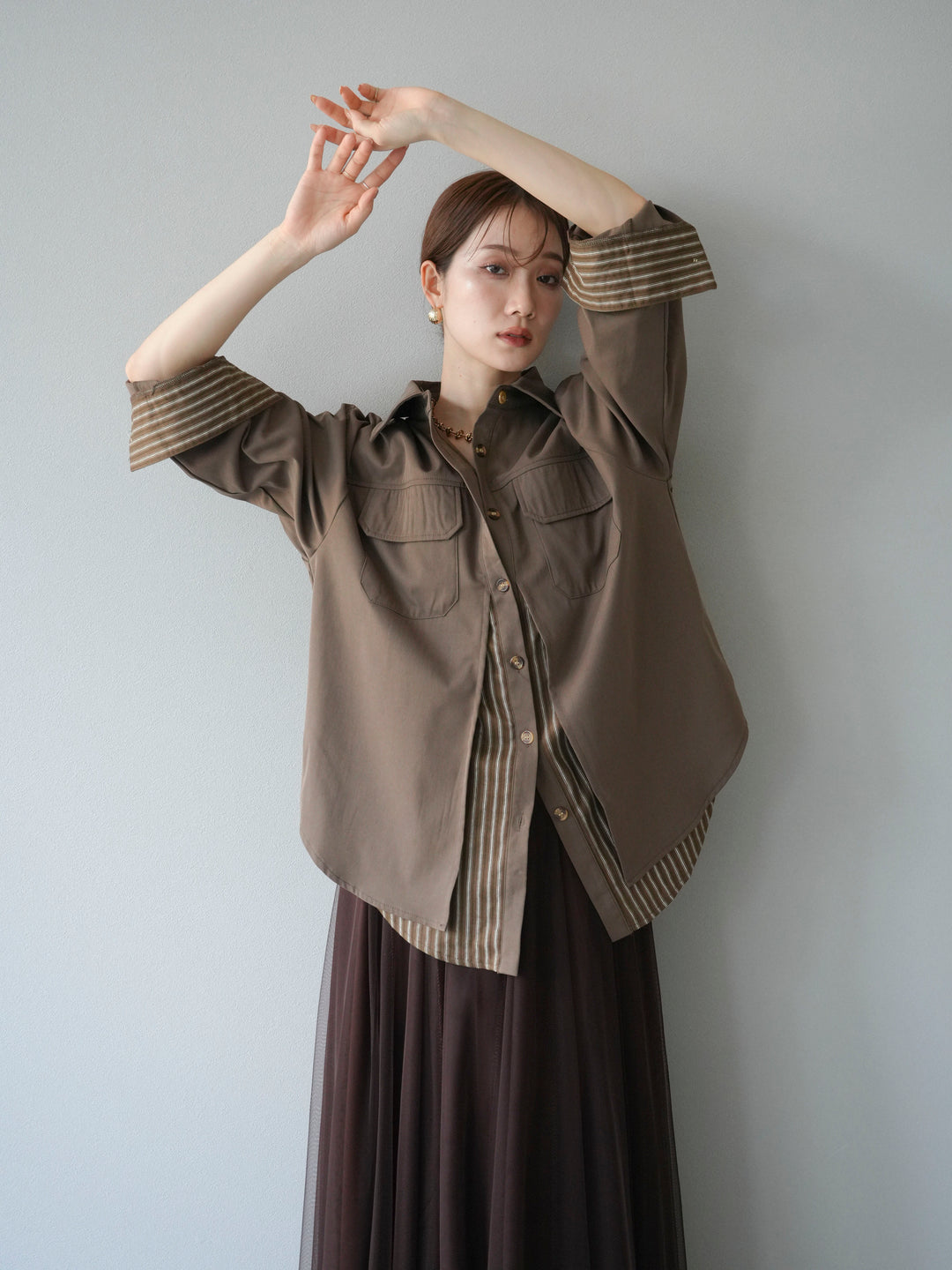 [予約]ストライプレイヤードシャツ/ブラウン