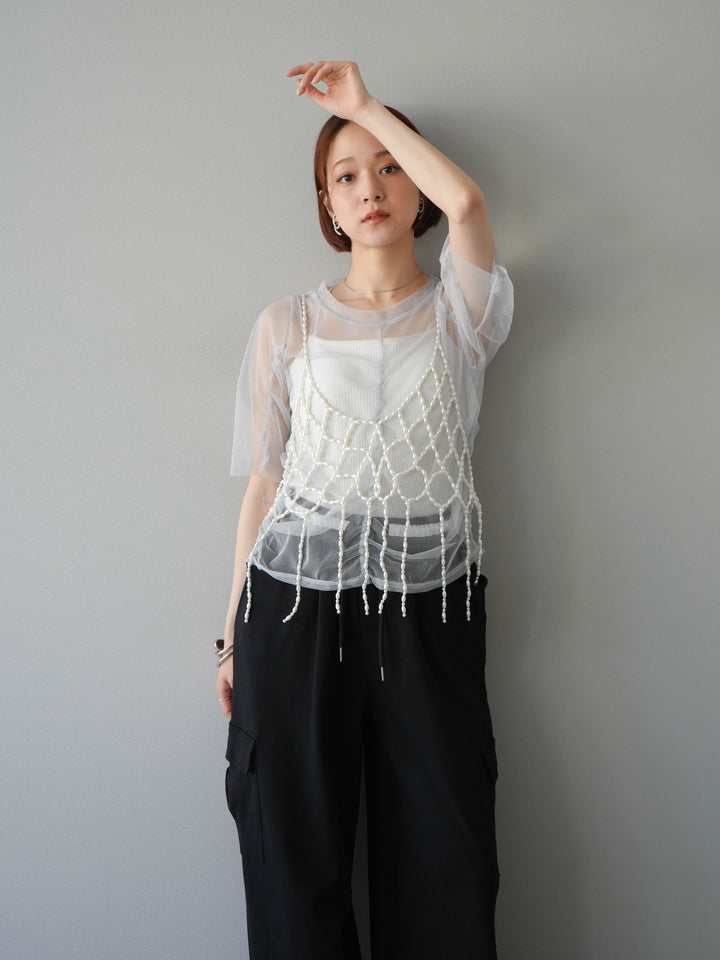 [SET]ラメチュールシャーリングプルオーバー+パールフリンジビスチェ+ウエストラインサイドポケットスウェットパンツ(3set)