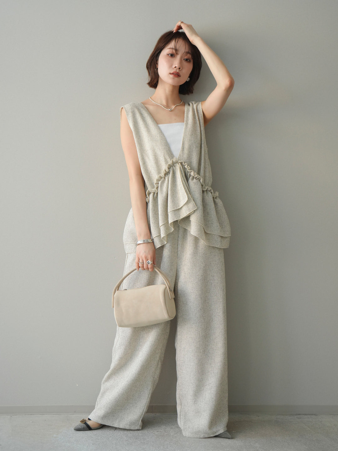 [SET]3WAYミックスツイードギャザーオールインワン+選べるアクセセット(2set)