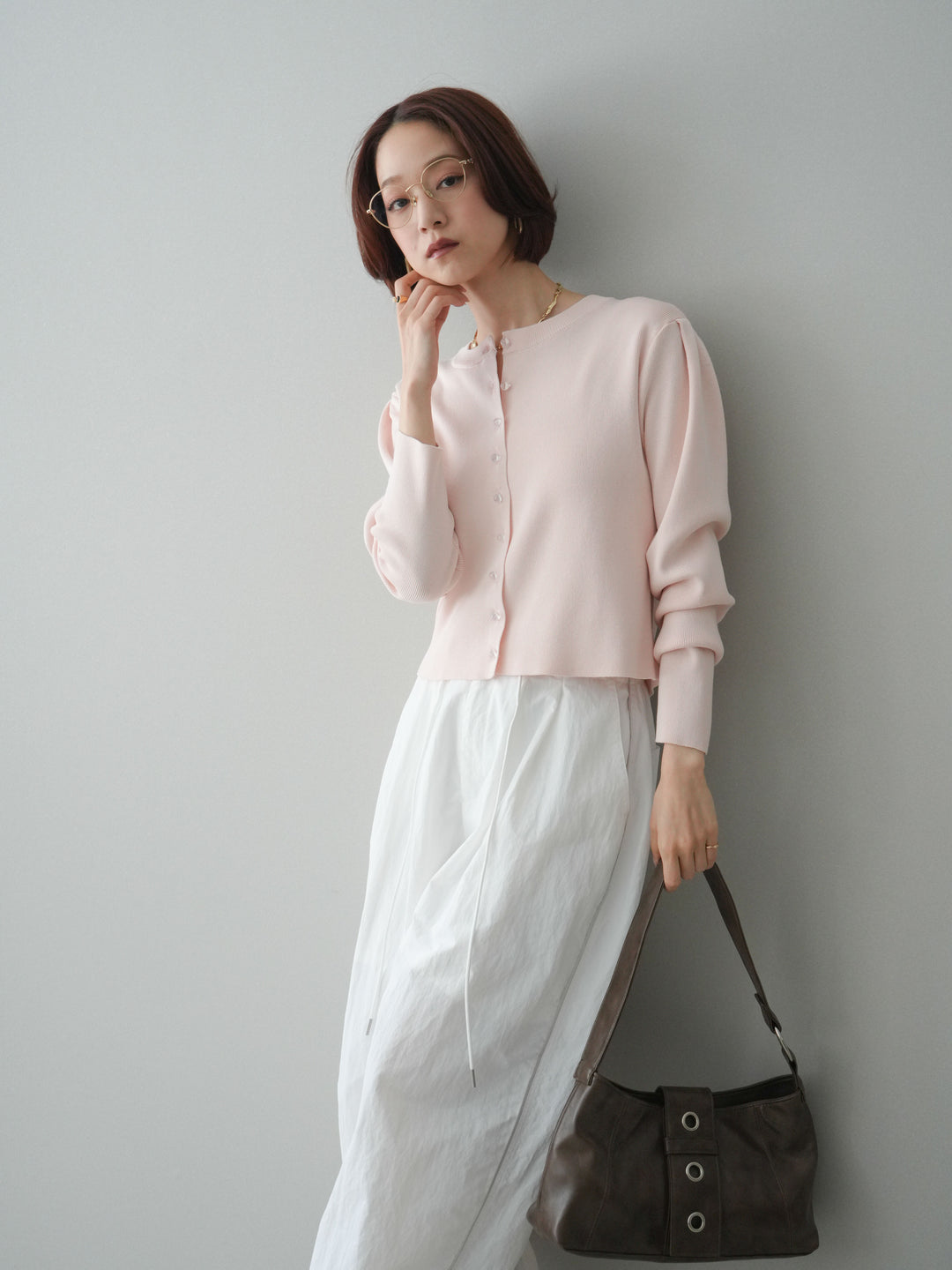 [SET]クリアボタンタックニットカーディガン+ドロストサイドラインナイロンパンツ(2set)