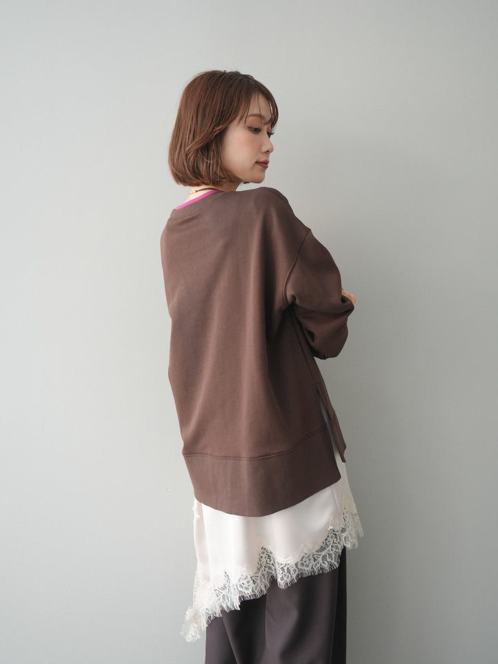 [SET]配色レイヤードデザインスエットプルオーバー+アシンメトリーサテンレースキャミソール(2set)