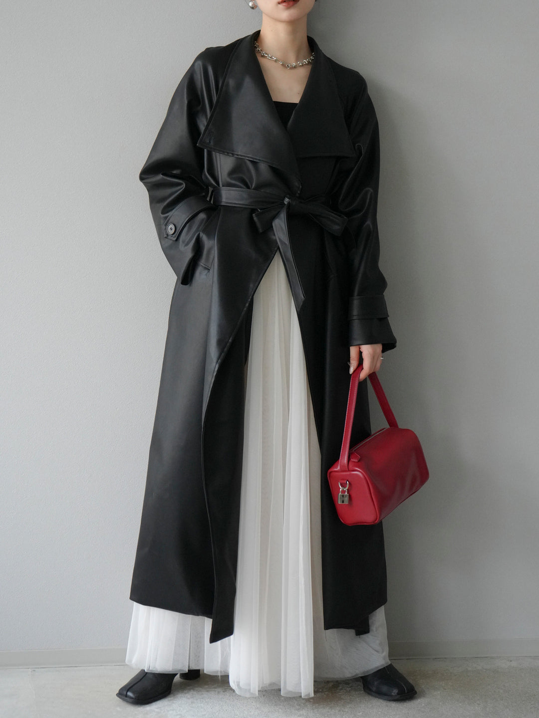 [予約]BIGカラーレザーロングコート/ブラック