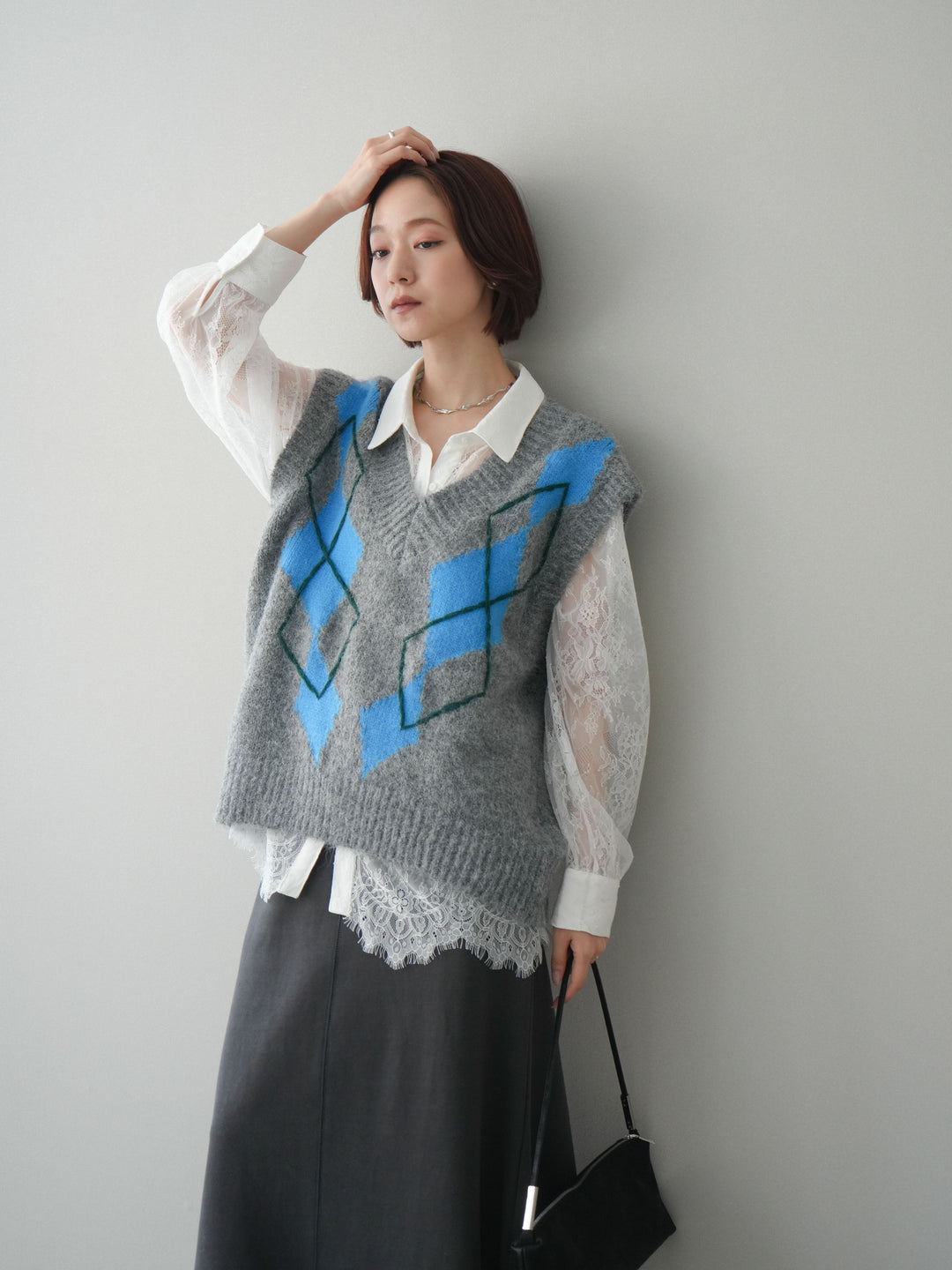 [SET]アーガイルVネックニットベスト+選べるアクセセット(2set)