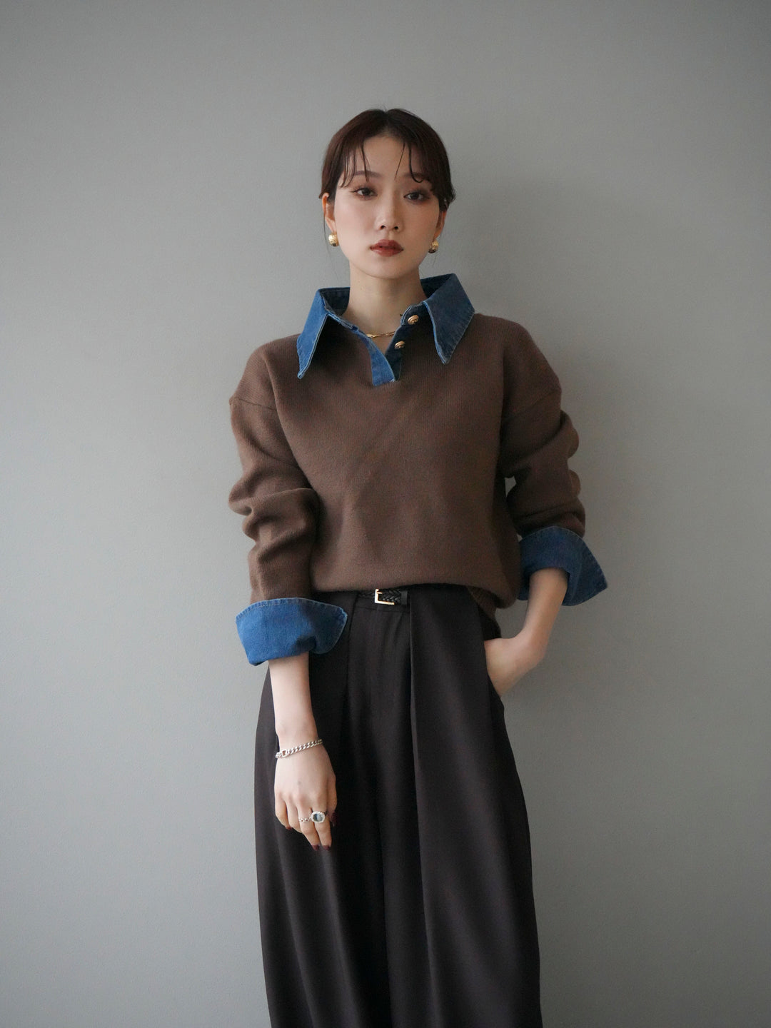 [SET]デニム襟ポロニットプルオーバー+選べるアクセセット(2set)