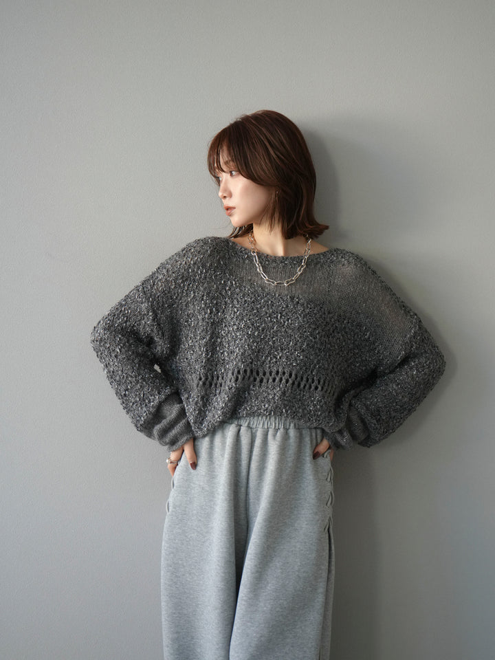 [予約]ミックスヤーンデザイン編みメッシュニットプルオーバー/グレー