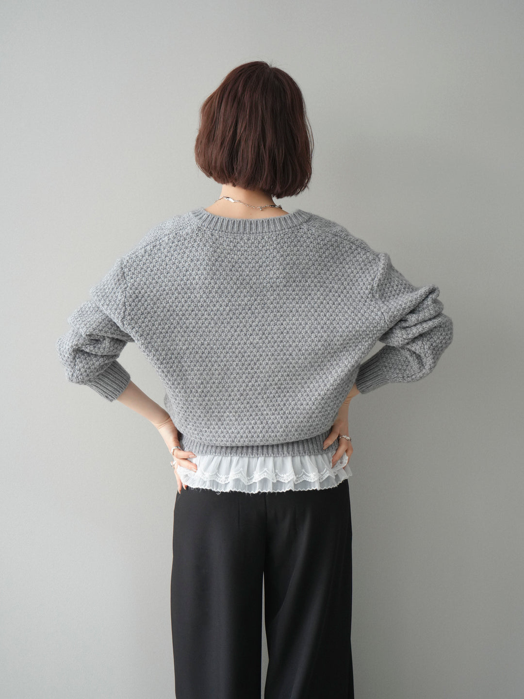 [予約]裾レースケーブルニットカーディガン/gray