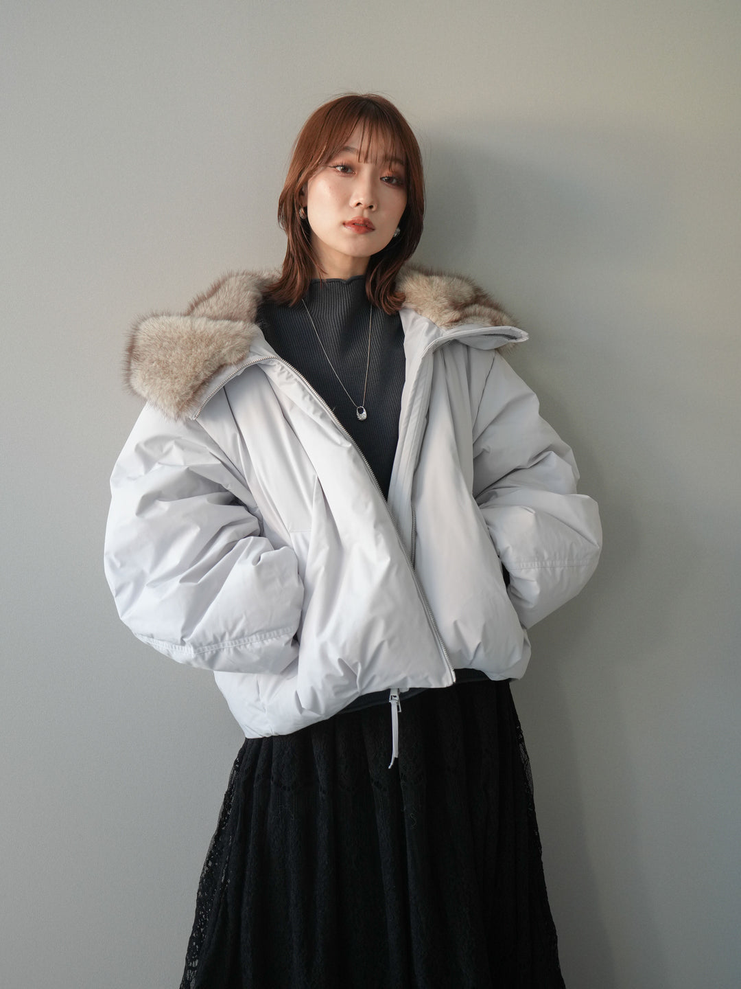 [予約]フードファーショートダウンコート/lightgray