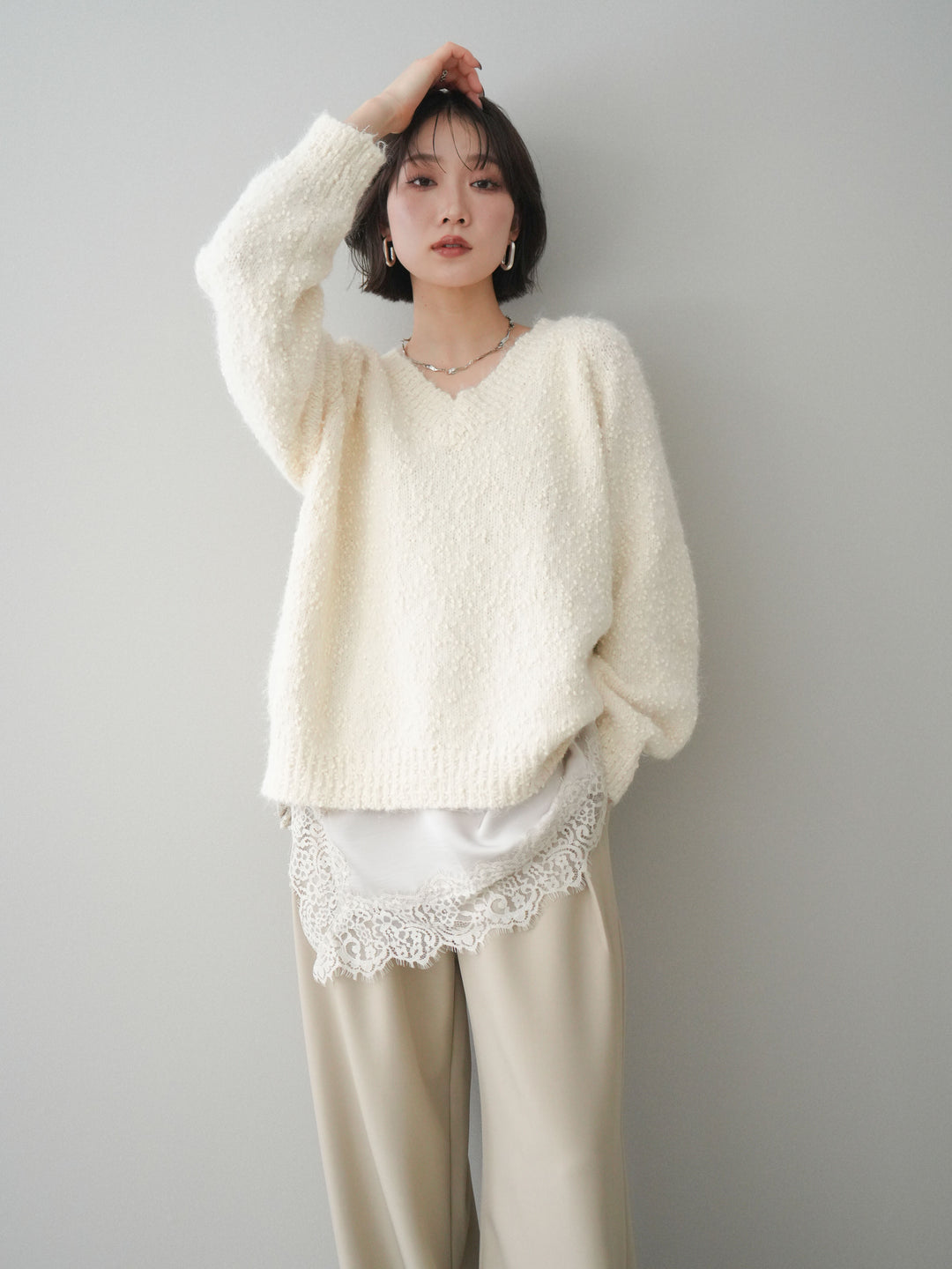 [SET]Vネックスラブニットプルオーバー+選べるアクセセット(2set)