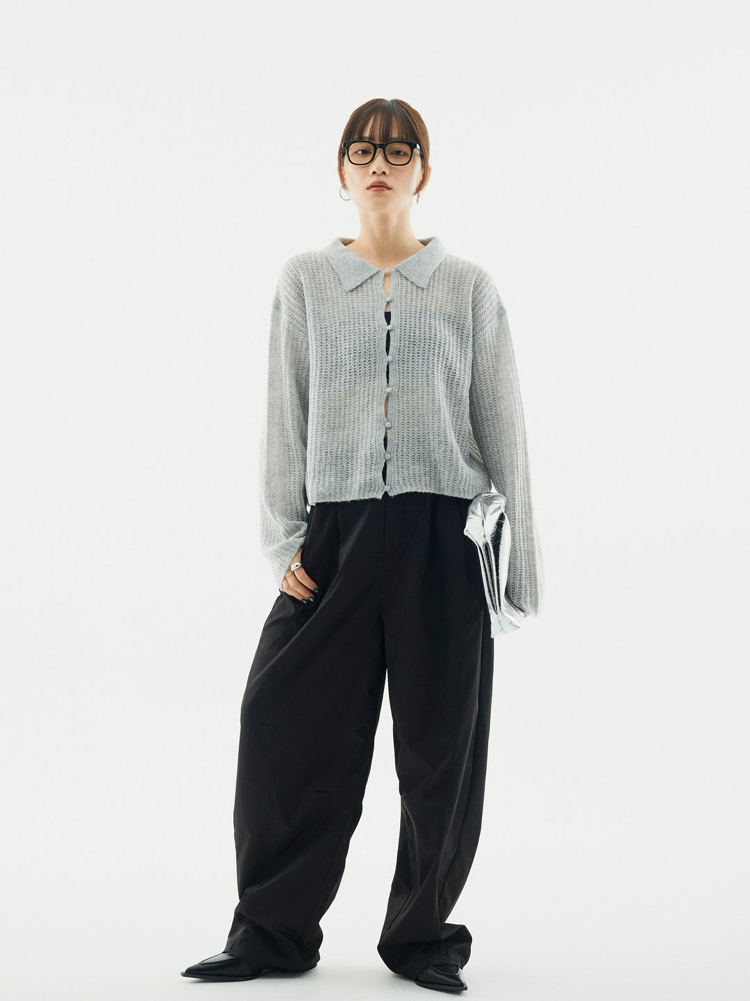 【Allure】[SET]起毛片畦編みシアーポロニット+タフタワイドカーブパンツ(2set)