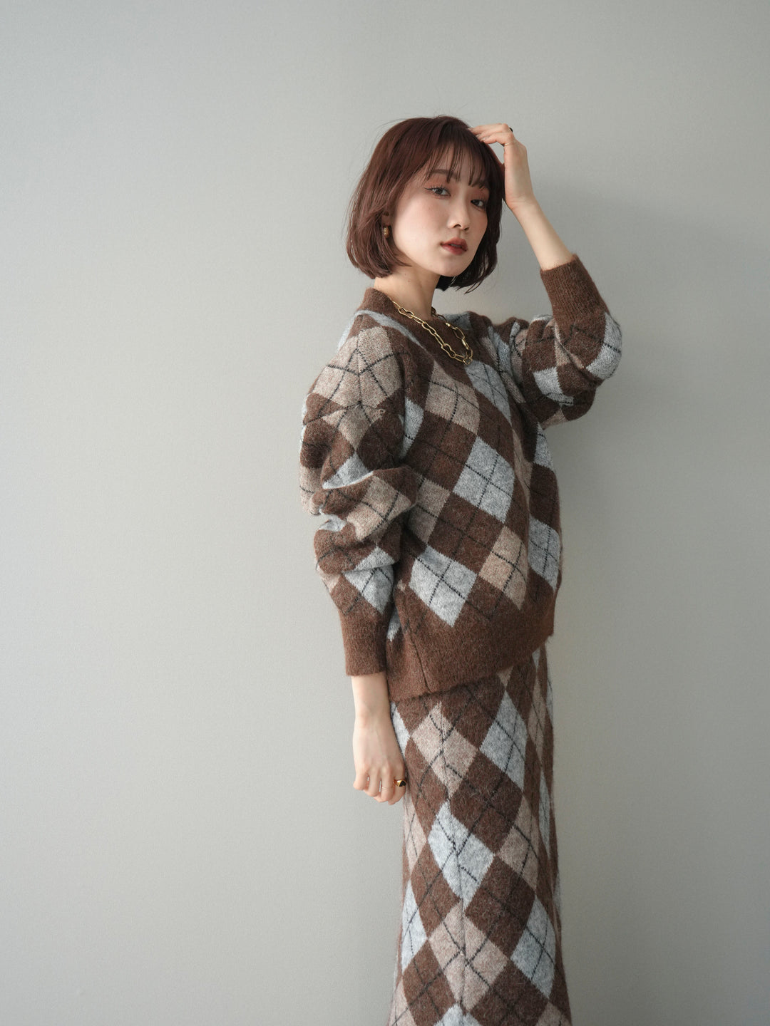 [SET]アーガイルニットプルオーバー&ロングスカートSET UP(2set)