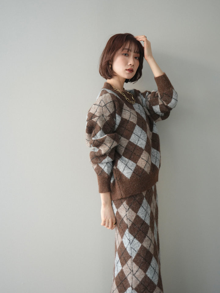 [SET]アーガイルニットプルオーバー&ロングスカートSET UP(2set)