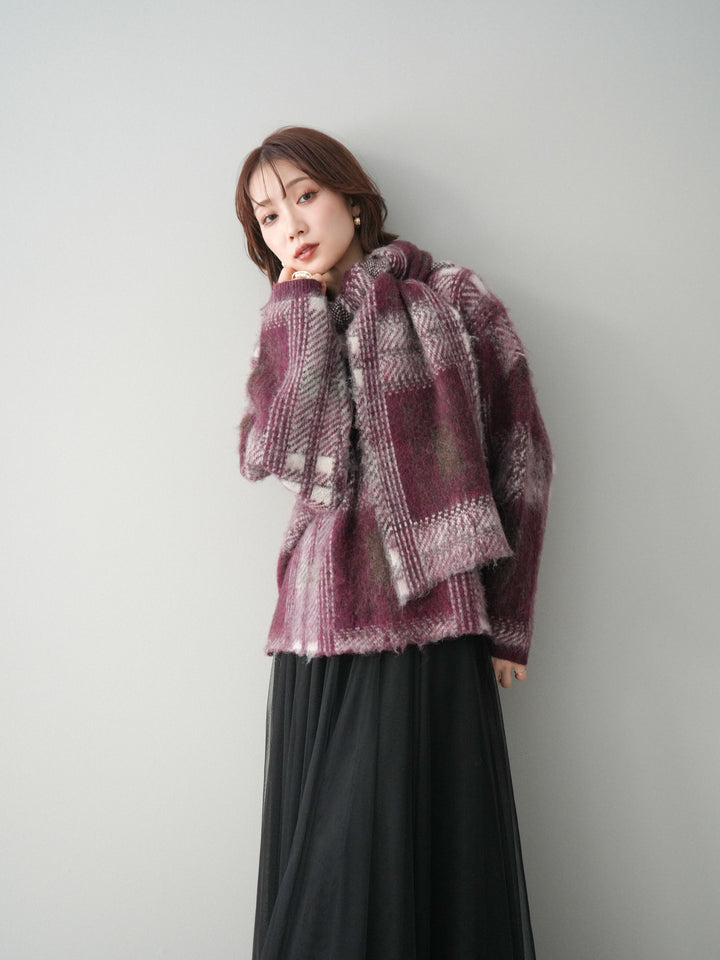 [予約]ストール付シャギーチェックニットプルオーバー/red