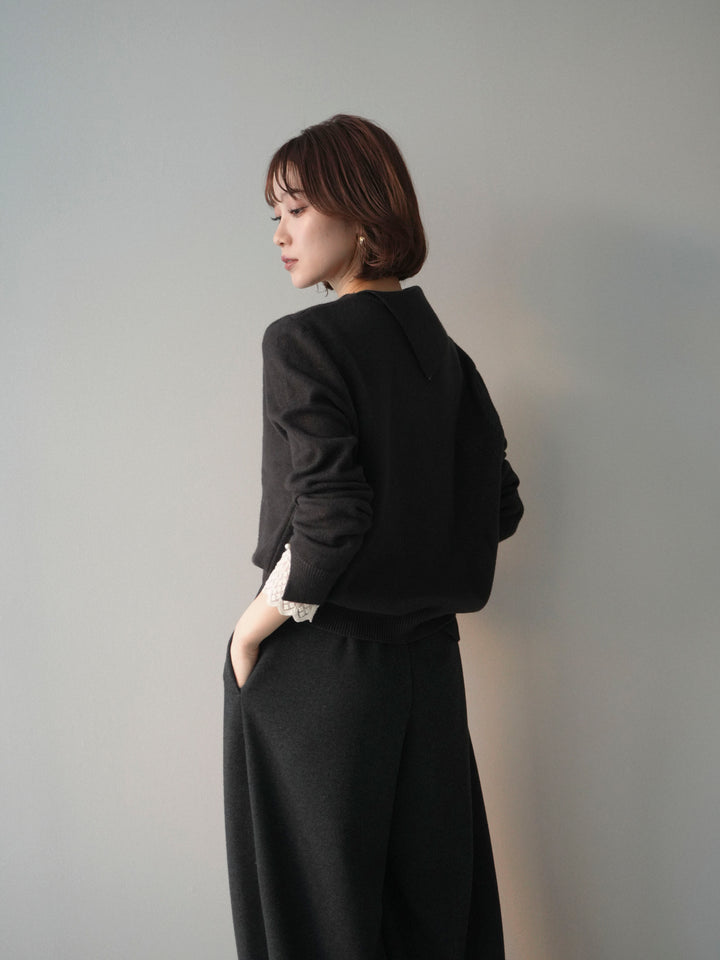[予約]袖レースパール付き配色ニットトップス/darkbrown