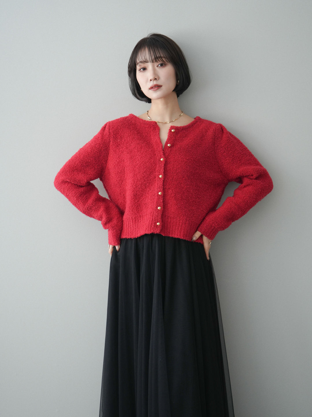 [SET]ゴールドボタンブークレニットカーディガン+チュールボリュームスカート(2set)