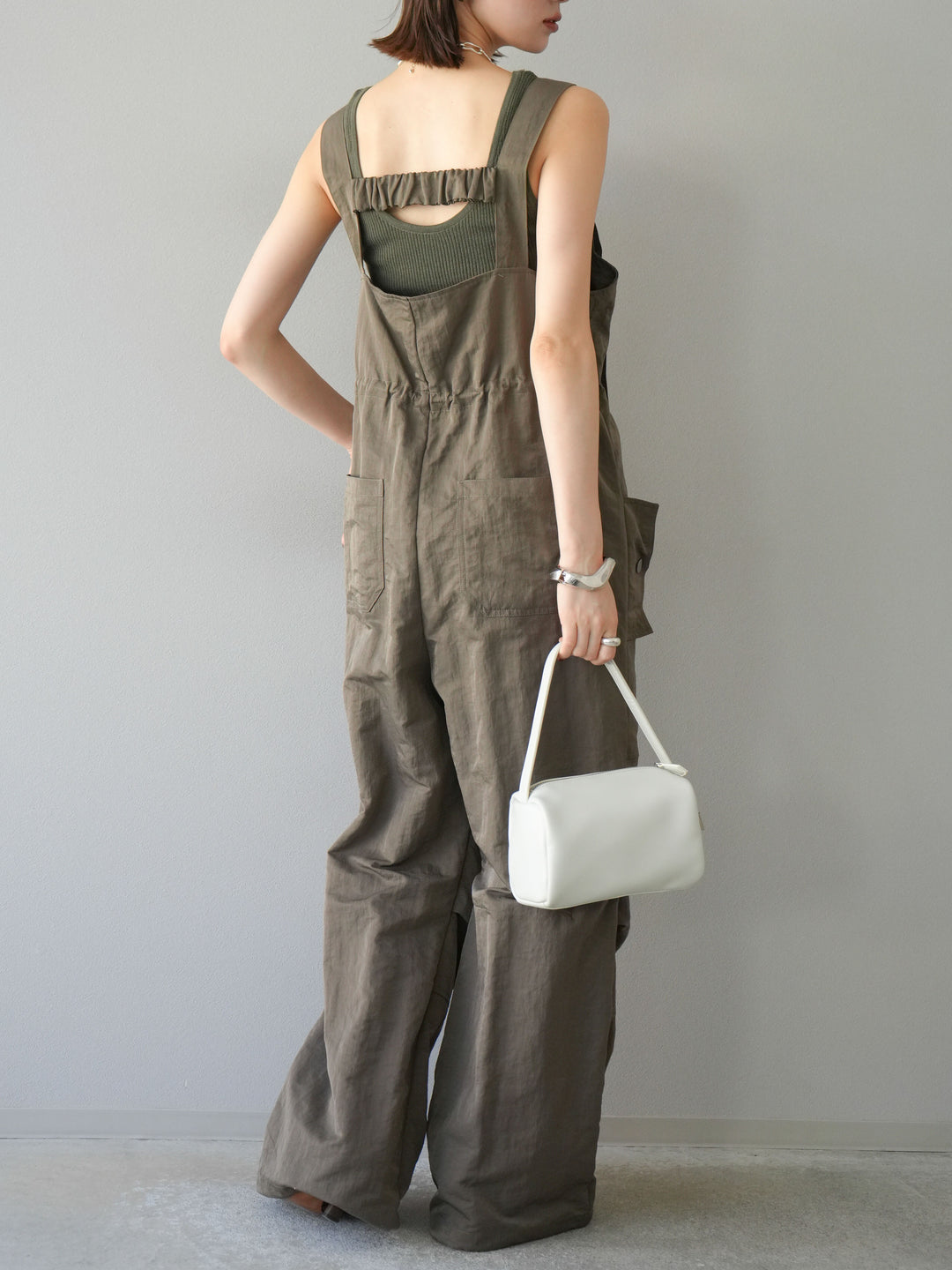 [予約]ナイロンタックデザインサロペット/カーキ