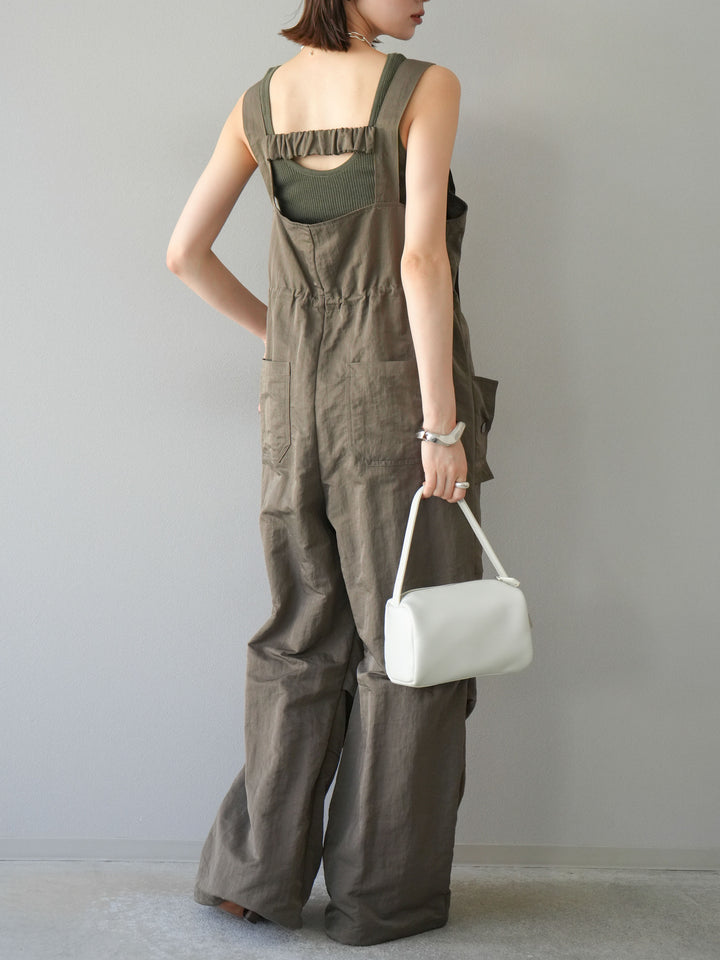 [予約]ナイロンタックデザインサロペット/カーキ