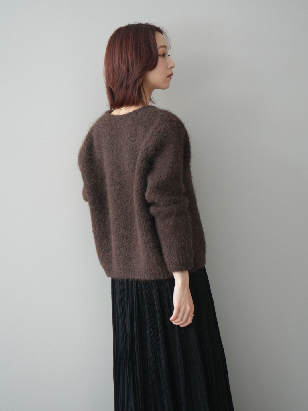 [予約]キーネックシャギーニットカーディガン/brown