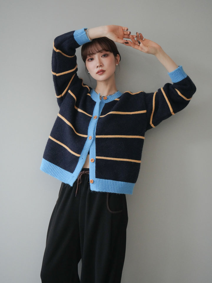 [予約]配色ボーダーニットカーディガン/navy