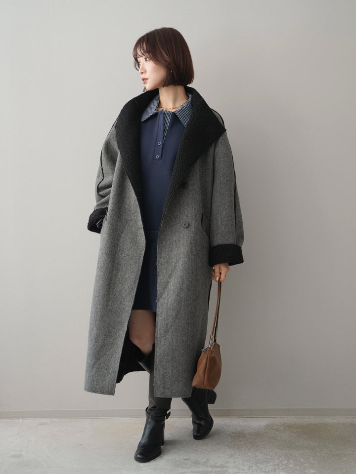 [SET]チェック襟xスエットミニワンピース+アウトシーム裏ボアコート(2set)