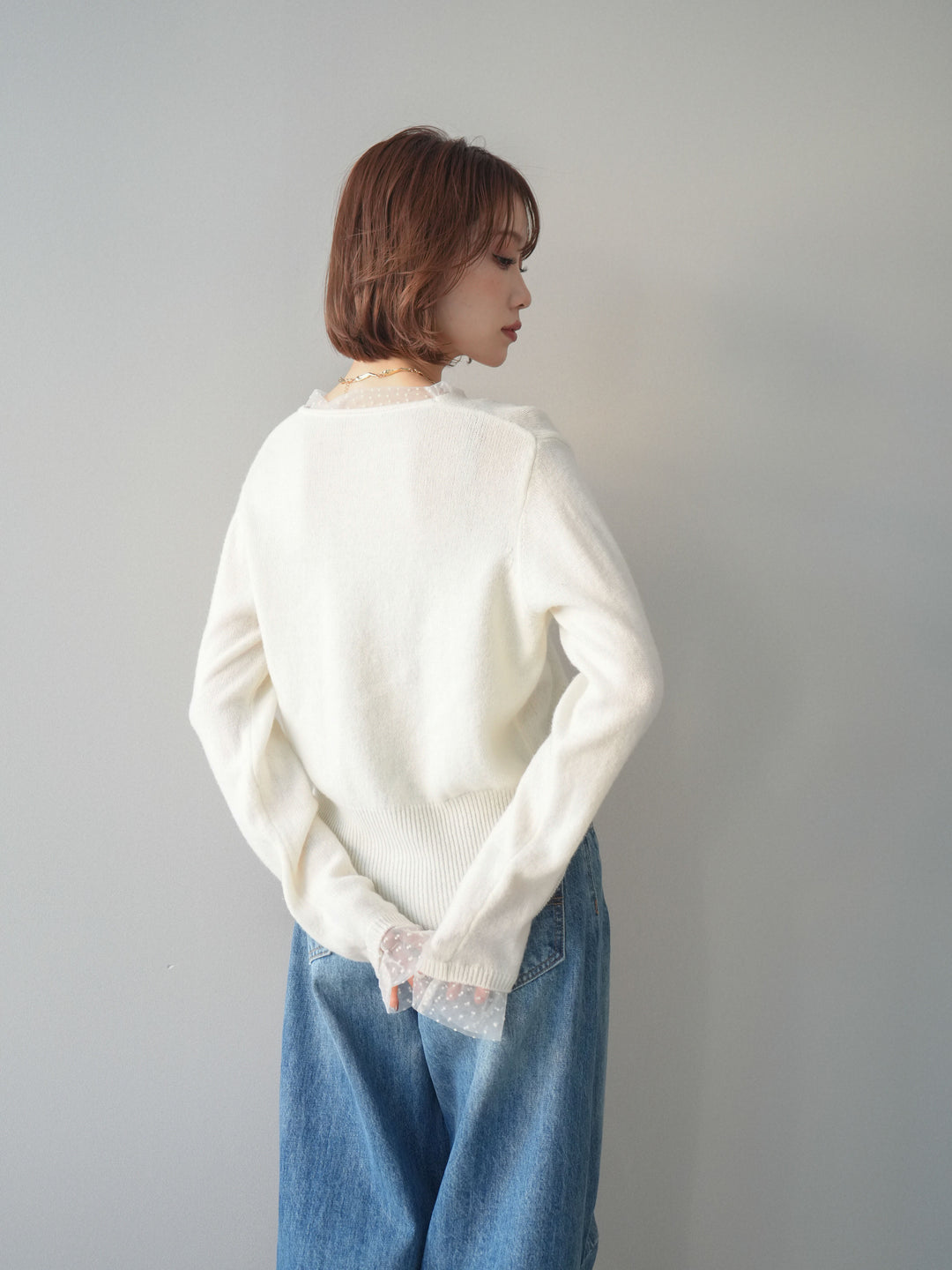 [SET]ドットチュールレイヤードボタンニットトップス+選べるアクセセット(2set)