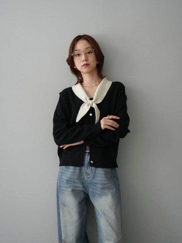 [SET]デザイン襟ニットカーディガン+ベルト付カーブデニムパンツ(2set)