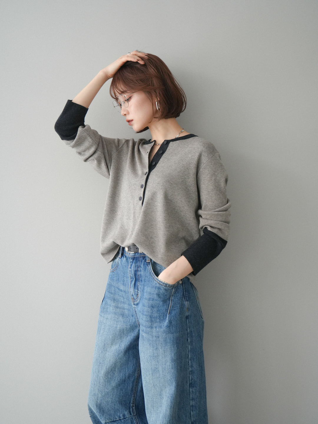 [SET]ヘンリーネック配色ニットソー+ヘンリーネック配色ニットソー(2set)