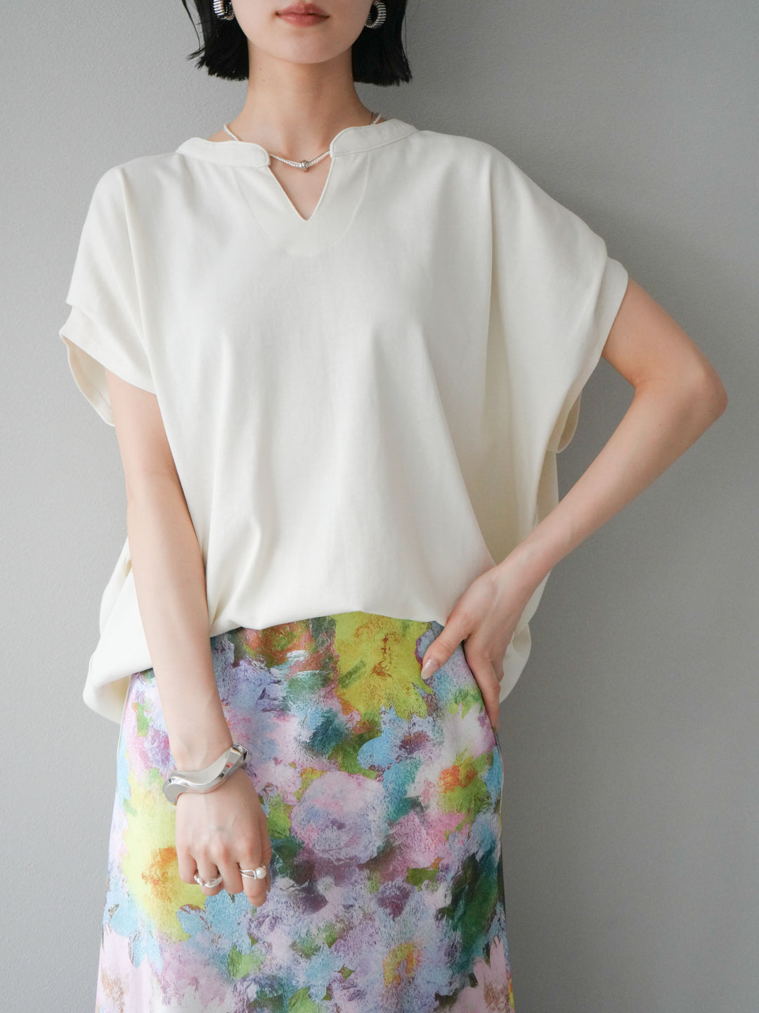 [予約]キーネックドルマンルーズコットンTシャツ/アイボリー