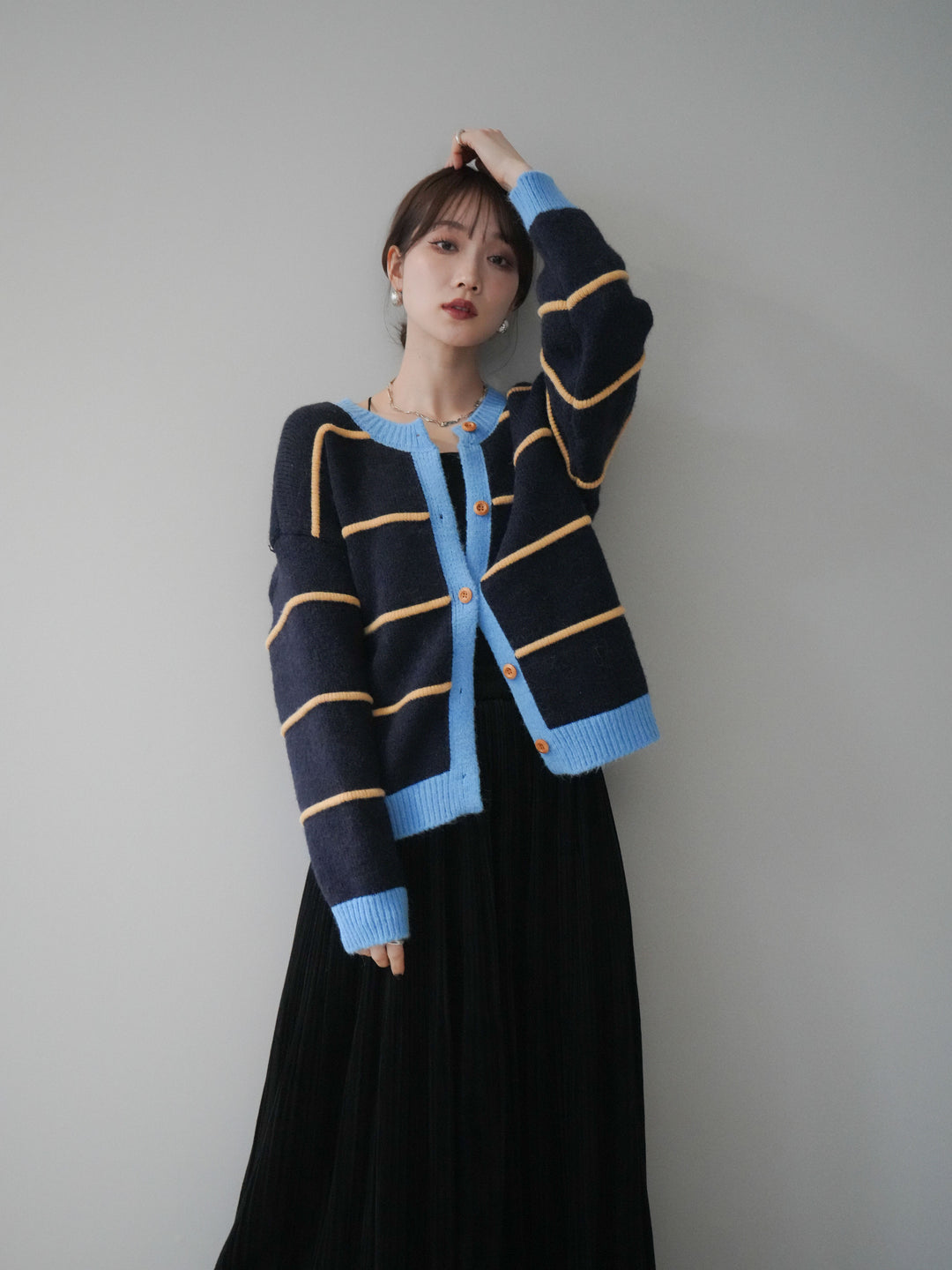 [予約]配色ボーダーニットカーディガン/navy