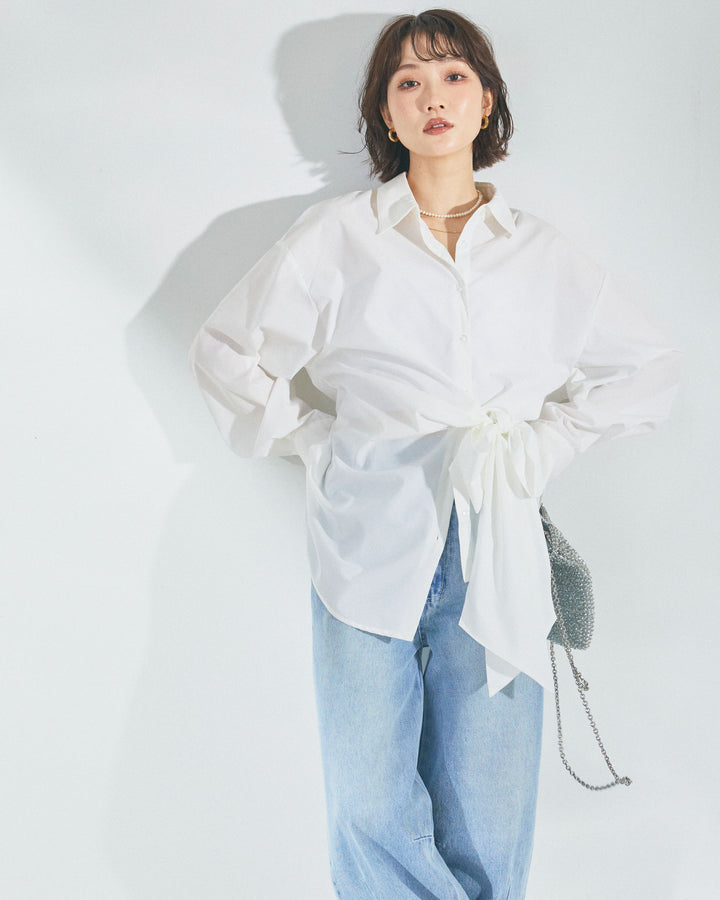 【Allure】[SET]ウエストアシメリボンシャツ+アシメカーブデニムパンツ(2set)