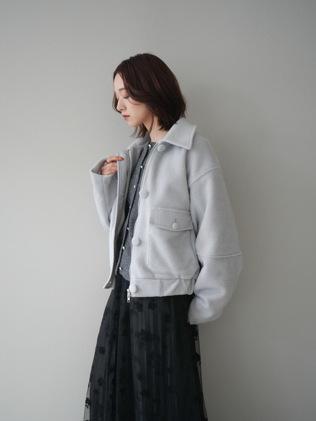 [SET]ウールライクフライトジャケット+アンティークボタンニットカーディガン+フラワーフロッキーチュールプリーツスカート(3set)