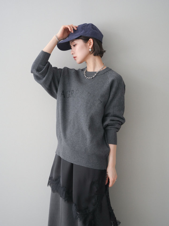 [予約]半ラバープリントロゴスウェットライクニットプルオーバー/mokucharcoal