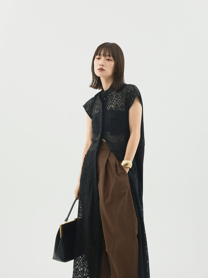 【Allure】[SET]レースサテン切替ワンピース+タフタワイドカーブパンツ(2set)