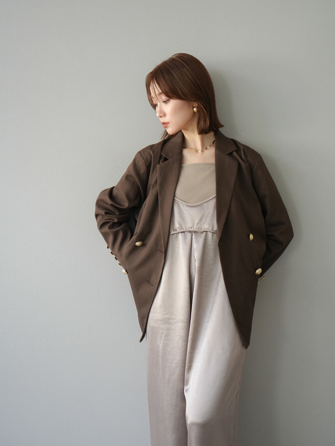 [予約]ゴールドボタンツイルダブルテーラードジャケット/ブラウン