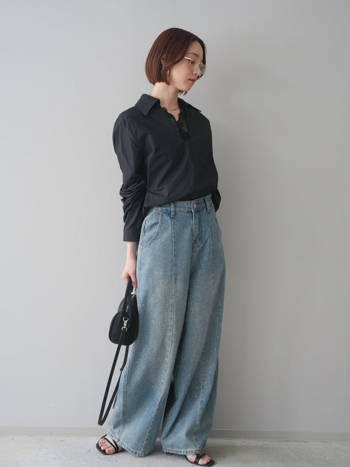 [SET]レースネックスキッパーブラウス+フロントビジューカーブデニムパンツ(2set)