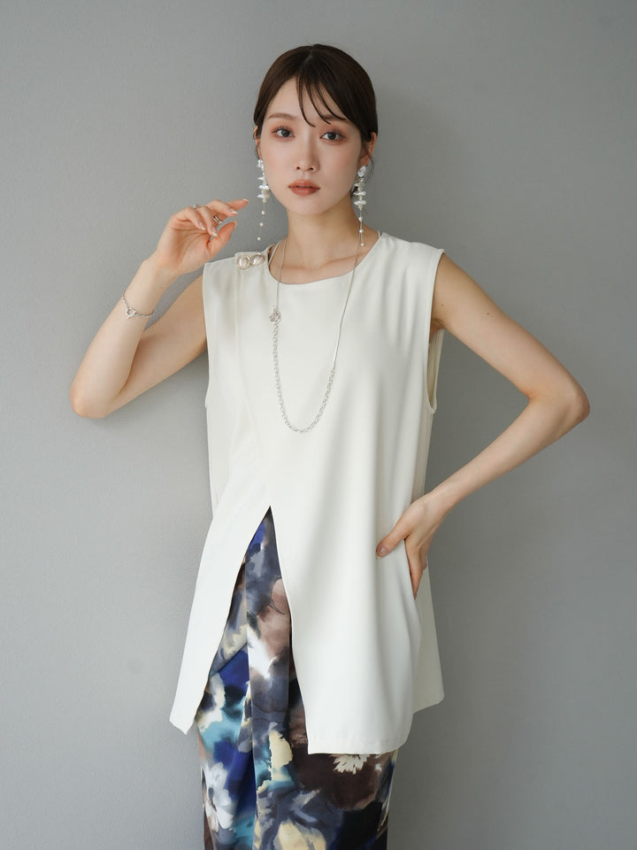 [SET] Layered design vest + watercolor print tuck I-line skirt (2set)