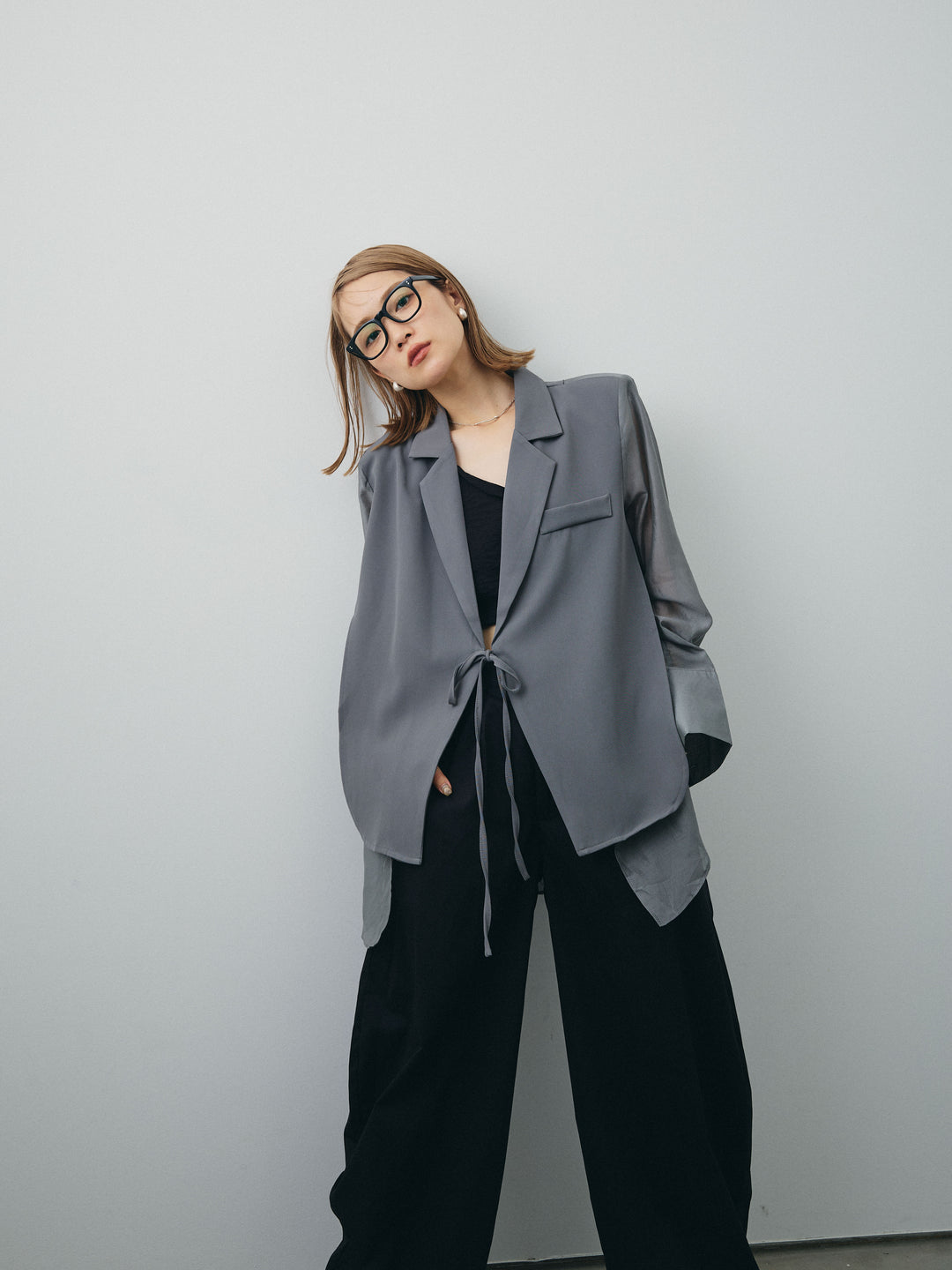 [SET]シアー切替テーラードジャケット+リネンライクカシュクールデザインビスチェ+コクーンワイドチノパンツ(3set)