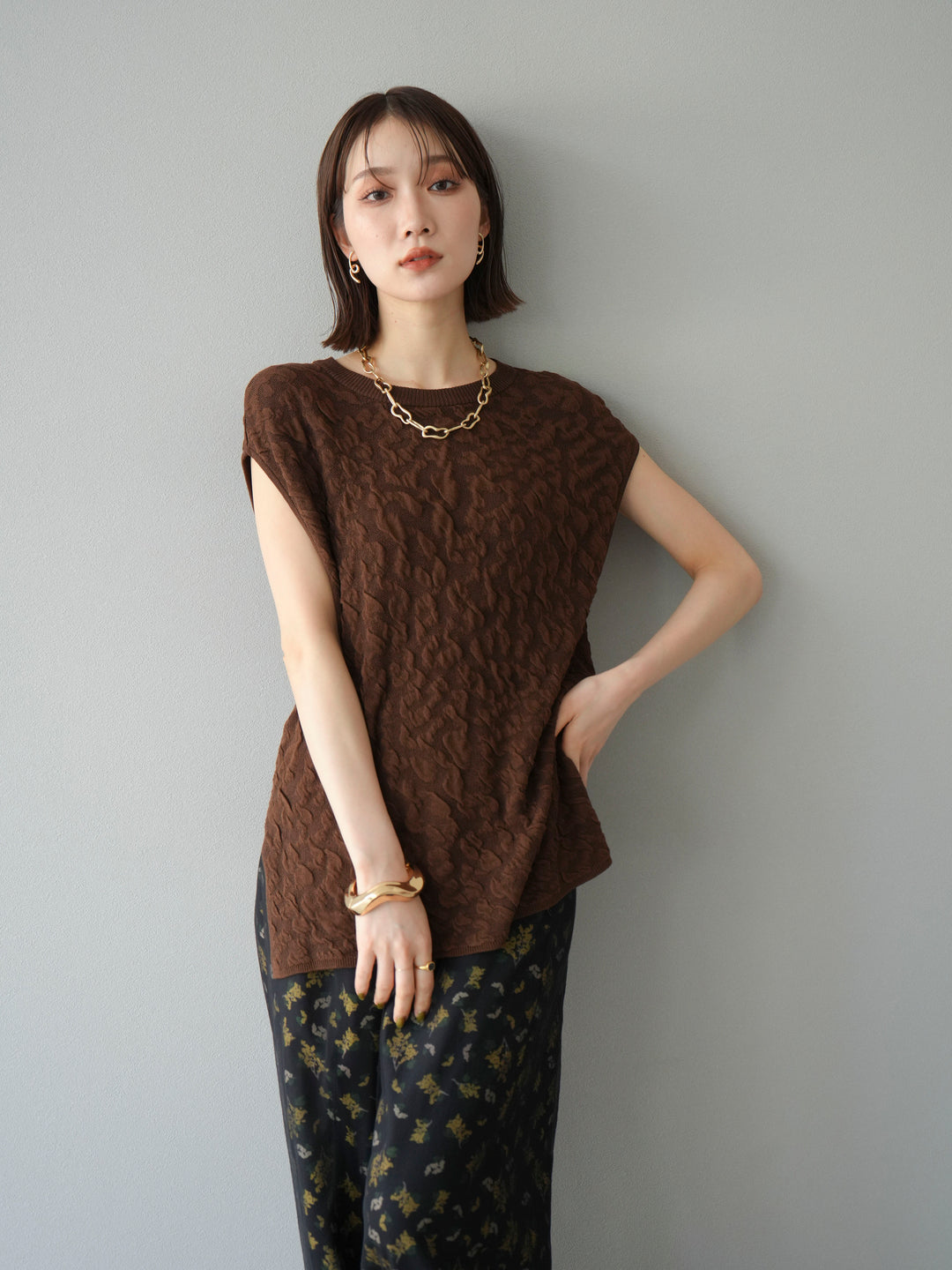 [SET]ポコポコノースリーブニットプルオーバー+コード刺繍チュールレイヤードパンツ(2set)