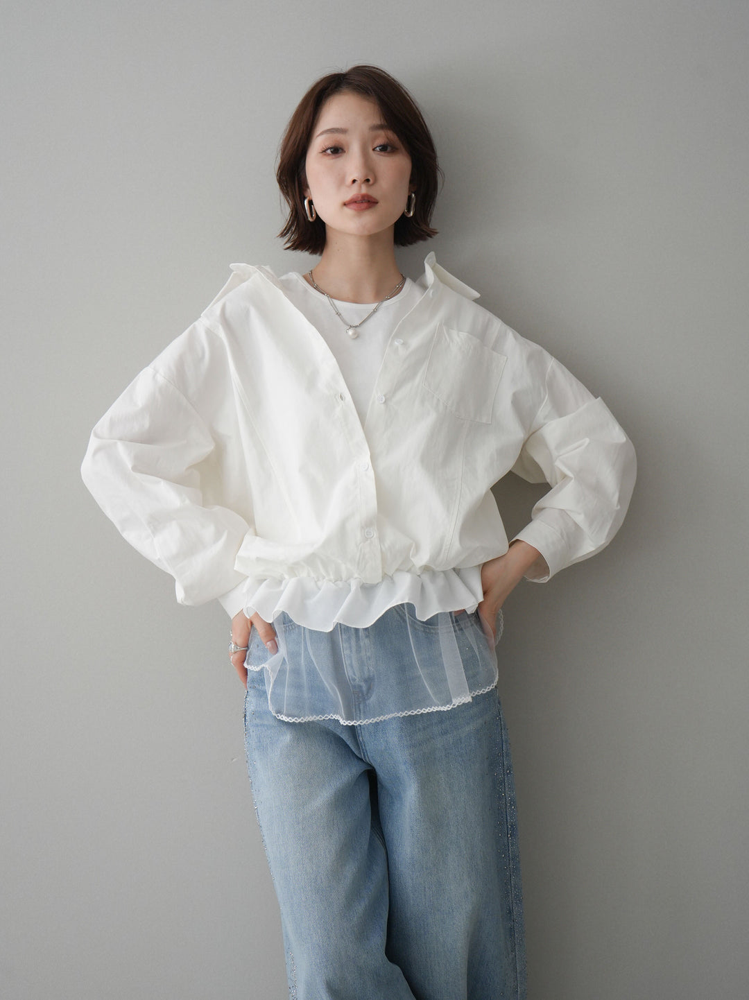 [予約]裾チュールノースリーブカットソー＆シャツドッキングトップス/white