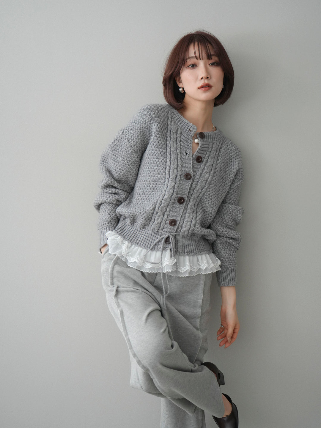 [SET]裾レースケーブルニットカーディガン+2WAYデザインスウェットパンツ(2set)