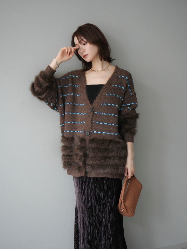 [予約]フェザーライン配色シャギーニットカーディガン/ブラウン